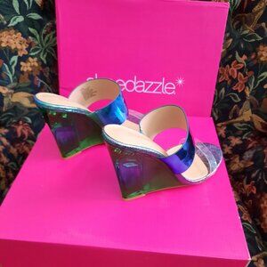 LADIES NEW SHOE DAZZLE 3" WEDGE GTREEN BLUE IRIDESCENT SANDALS